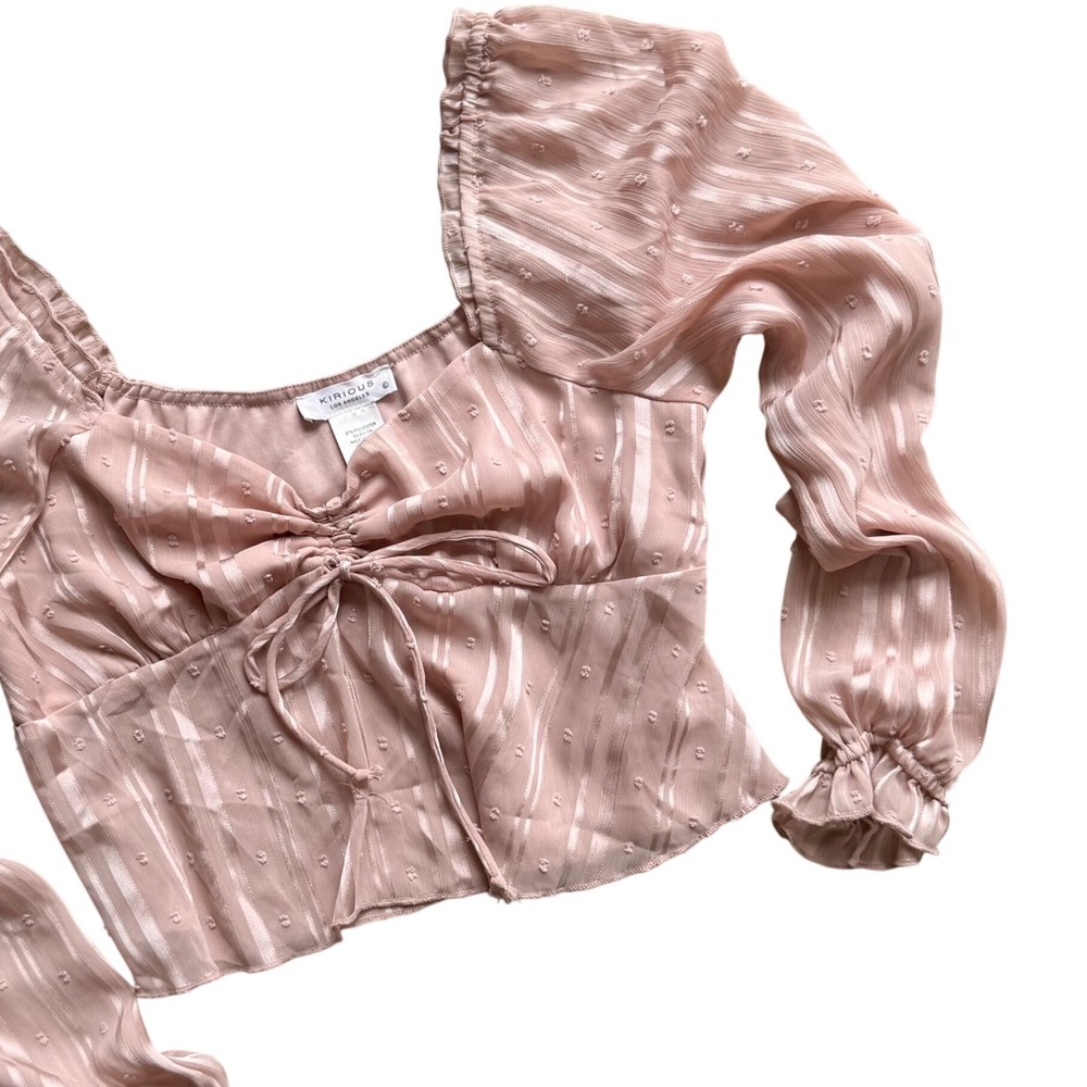 Women Pink Crop Sheer Romantic Balletcore Swiss Dot Long Sleeve Coquette Lg Boho